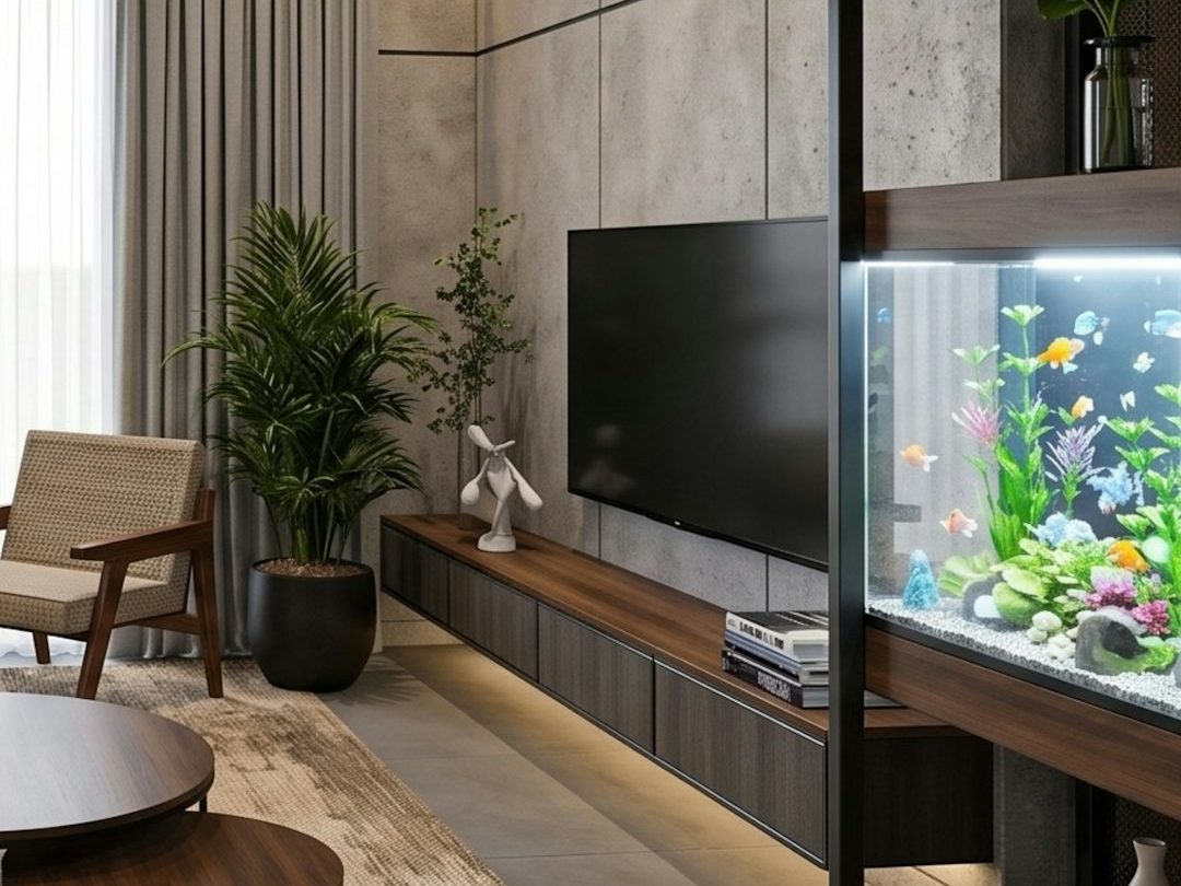 A lounge with an aquarium built into a dark wood shelving unit beside the TV